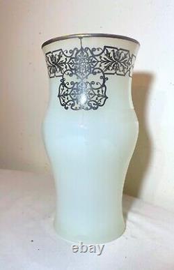 Antique ornate sterling silver overlaid opal opaline tall glass vase