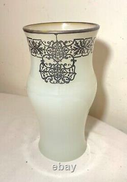 Antique ornate sterling silver overlaid opal opaline tall glass vase