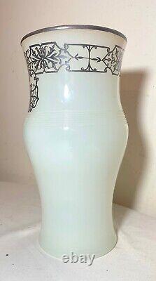 Antique ornate sterling silver overlaid opal opaline tall glass vase