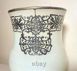 Antique ornate sterling silver overlaid opal opaline tall glass vase