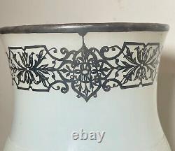 Antique ornate sterling silver overlaid opal opaline tall glass vase