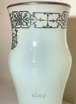 Antique ornate sterling silver overlaid opal opaline tall glass vase