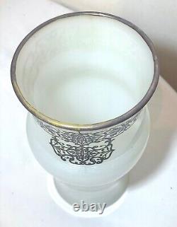 Antique ornate sterling silver overlaid opal opaline tall glass vase