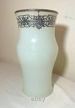 Antique ornate sterling silver overlaid opal opaline tall glass vase