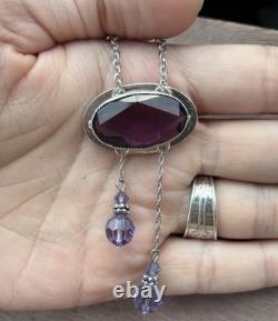 Antique sterling amethyst and lavender glass Edwardian lavaliere necklace