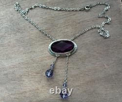 Antique sterling amethyst and lavender glass Edwardian lavaliere necklace