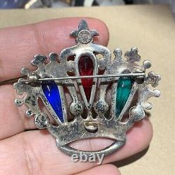 Antique sterling silver and glass Rhinestone stones crown brooch 25 Grams