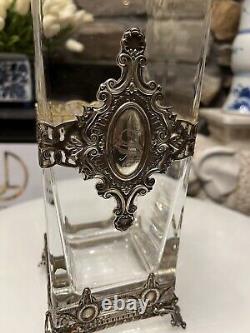 Antique sterling silver and glass repousse S monogrammed Overlay vase