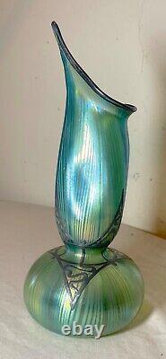 Antique sterling silver overlay Art Nouveau Bohemian Loetz iridescent glass vase