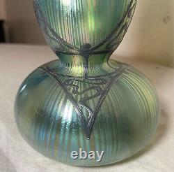 Antique sterling silver overlay Art Nouveau Bohemian Loetz iridescent glass vase