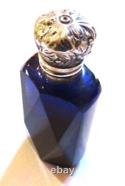 Antq Faceted Deep Blue Cut Glass Scent Perfume Bottle Sterling Silver Cap Ex-con