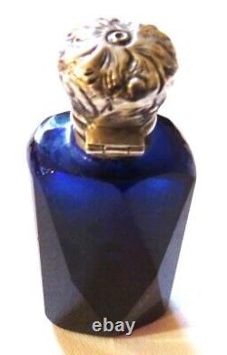 Antq Faceted Deep Blue Cut Glass Scent Perfume Bottle Sterling Silver Cap Ex-con