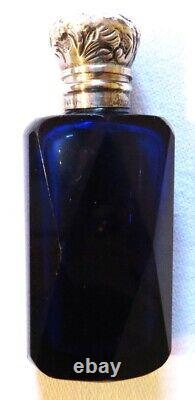 Antq Faceted Deep Blue Cut Glass Scent Perfume Bottle Sterling Silver Cap Ex-con