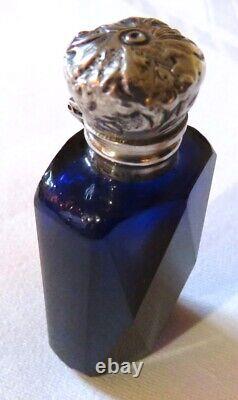 Antq Faceted Deep Blue Cut Glass Scent Perfume Bottle Sterling Silver Cap Ex-con