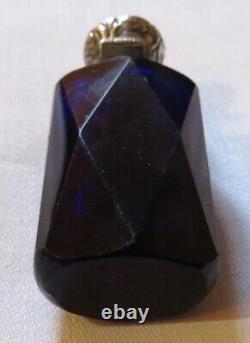 Antq Faceted Deep Blue Cut Glass Scent Perfume Bottle Sterling Silver Cap Ex-con