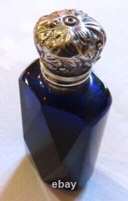 Antq Faceted Deep Blue Cut Glass Scent Perfume Bottle Sterling Silver Cap Ex-con