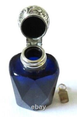 Antq Faceted Deep Blue Cut Glass Scent Perfume Bottle Sterling Silver Cap Ex-con