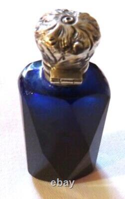 Antq Faceted Deep Blue Cut Glass Scent Perfume Bottle Sterling Silver Cap Ex-con
