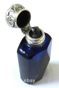 Antq Faceted Deep Blue Cut Glass Scent Perfume Bottle Sterling Silver Cap Ex-con