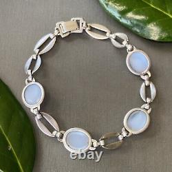 Art Deco AD Vintage Sterling Silver Blue Art Glass Moonglow Cabochon Bracelet 7