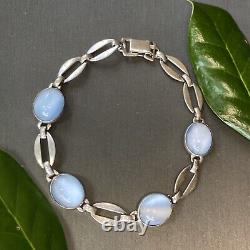 Art Deco AD Vintage Sterling Silver Blue Art Glass Moonglow Cabochon Bracelet 7