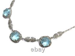 Art Deco Aqua Czech Glass Sterling Silver Filigree Necklace