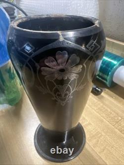 Art Deco Black Amethyst Glass Style Vase Sterling Silver Overlay Floral