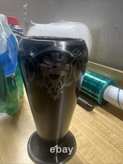 Art Deco Black Amethyst Glass Style Vase Sterling Silver Overlay Floral