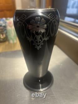 Art Deco Black Amethyst Glass Style Vase Sterling Silver Overlay Floral