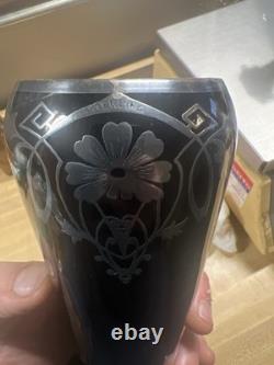 Art Deco Black Amethyst Glass Style Vase Sterling Silver Overlay Floral