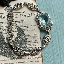 Art Deco Blue Topaz Glass Sterling Silver Bracelet