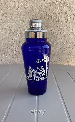 Art Deco Cobalt Blue Glass Cocktail Shaker With Sterling Silver Overlay