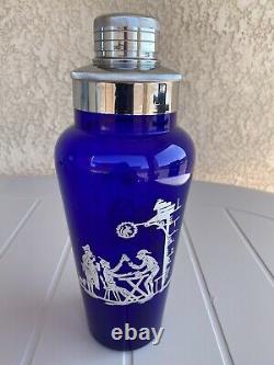 Art Deco Cobalt Blue Glass Cocktail Shaker With Sterling Silver Overlay