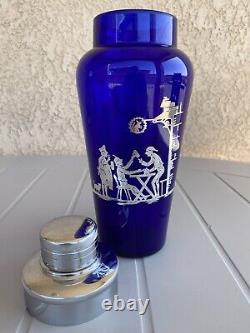 Art Deco Cobalt Blue Glass Cocktail Shaker With Sterling Silver Overlay