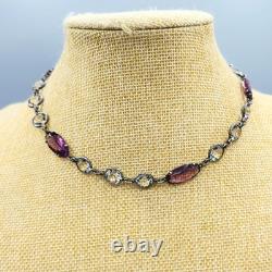 Art Deco Cut Rock Crystal & Amethyst Glass Sterling Silver Bezel Necklace 14