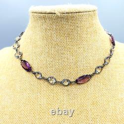 Art Deco Cut Rock Crystal & Amethyst Glass Sterling Silver Bezel Necklace 14