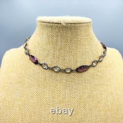 Art Deco Cut Rock Crystal & Amethyst Glass Sterling Silver Bezel Necklace 14