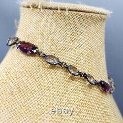 Art Deco Cut Rock Crystal & Amethyst Glass Sterling Silver Bezel Necklace 14