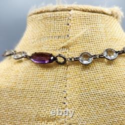 Art Deco Cut Rock Crystal & Amethyst Glass Sterling Silver Bezel Necklace 14
