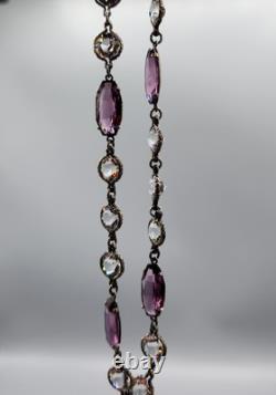 Art Deco Cut Rock Crystal & Amethyst Glass Sterling Silver Bezel Necklace 14