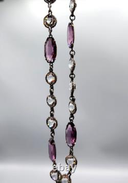Art Deco Cut Rock Crystal & Amethyst Glass Sterling Silver Bezel Necklace 14