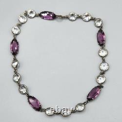 Art Deco Cut Rock Crystal & Amethyst Glass Sterling Silver Bezel Necklace 14