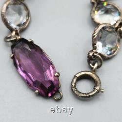 Art Deco Cut Rock Crystal & Amethyst Glass Sterling Silver Bezel Necklace 14