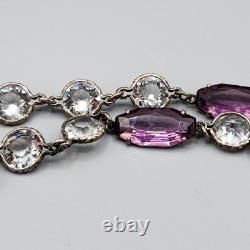 Art Deco Cut Rock Crystal & Amethyst Glass Sterling Silver Bezel Necklace 14