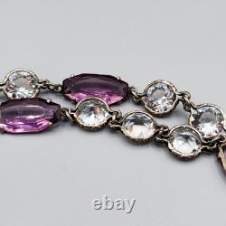 Art Deco Cut Rock Crystal & Amethyst Glass Sterling Silver Bezel Necklace 14