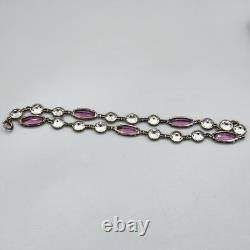 Art Deco Cut Rock Crystal & Amethyst Glass Sterling Silver Bezel Necklace 14
