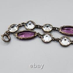 Art Deco Cut Rock Crystal & Amethyst Glass Sterling Silver Bezel Necklace 14