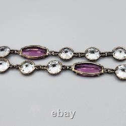 Art Deco Cut Rock Crystal & Amethyst Glass Sterling Silver Bezel Necklace 14