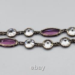 Art Deco Cut Rock Crystal & Amethyst Glass Sterling Silver Bezel Necklace 14