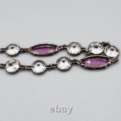 Art Deco Cut Rock Crystal & Amethyst Glass Sterling Silver Bezel Necklace 14
